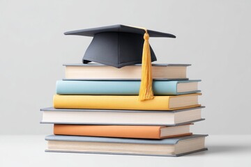 Stacked Books With Graduation Cap on Top Showcasing Academic Achievement and Education
