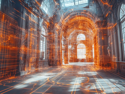 Stunning 3D scan of a dilapidated grand hall overlaid with an orange digital architectural blueprint.  Perfect for concepts of restoration, technology, history, architecture, and virtual reality.