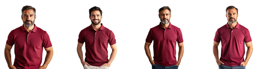 A collection of mockups of a man wearing an antique cherry red polo shirt isolated on a transparent background