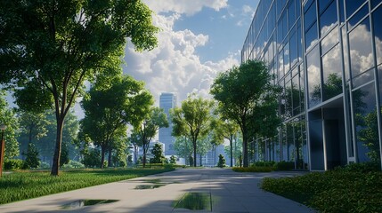 Modern Office Building with Green Trees