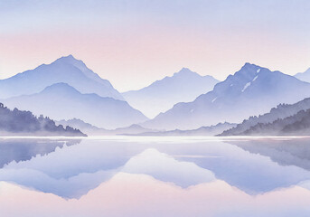 Peaceful Watercolor Landscape Lake Reflecting Sky