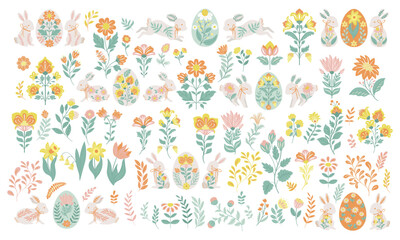 Vector set featuring bright abstract flowers and whimsical rabbits in folk art style, isolated on white background. Perfect for children’s design, Easter decor, prints, and creative craft projects.