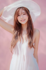 夏の日差しと笑顔がまぶしい帽子を被った可愛い若い女性
