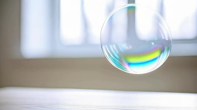 Iridescent soap bubble floats delicately above a wooden surface in soft, natural interior lighting, creating a mesmerizing effect.