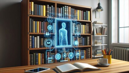 A bookshelf integrated with AR technology to display virtual boo