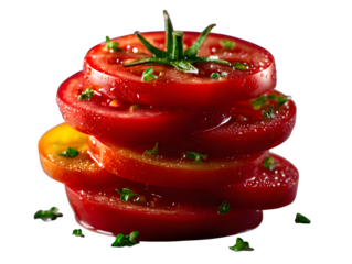 Thin round tomato slices arranged in a stack, isolated on transparent background --ar 4:3 --v 7.0 --p 537mr6h --s 250