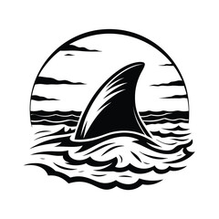 Silhouette Shark Fin in Ocean Waves, Monochromatic Aquatic Design, Marine Life