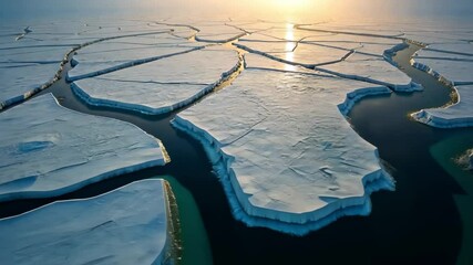 Arctic ice sheet with cracks and open water at sunrise. Climate change global warming concept. Melting polar ice footage. - Powered by Adobe