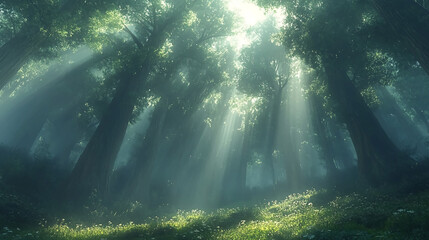 Obraz premium Sunlight streaming through trees in magical forest landscape nature background wallpaper photo scenery image
