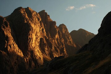 Golden Light Bathes Rugged Mountains at Sunset Creating a Tranquil Atmosphere Generative AI