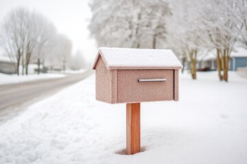 Naklejka premium Frost-covered Mailbox Stands Beneath Thick Snowfall in a Quiet Winter Landscape