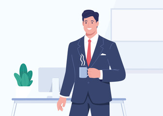Smiling Businessman in Suit Holding Coffee Cup, Office Vector Illustration