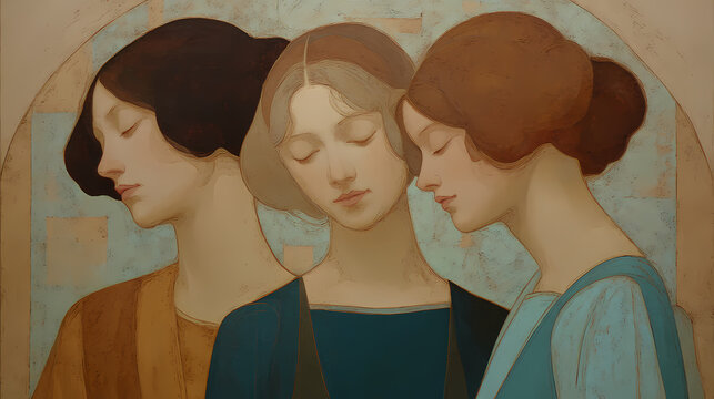 illustration for poetic narrative | elegance in silence | gentle longing | earthy pastels | intimate stillness | arched necks | muted facial tones | linear contour emphasis | early salon | figurative