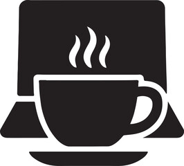 Silhouette vector of a coffee cup with laptop. Ideal for remote work, café workspace, and digital lifestyle designs.