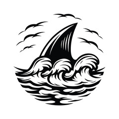Black and White Shark Fin Silhouette Rising from Abstract Waves with Flock of Birds