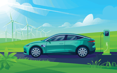 Fototapeta premium Electric Vehicle Charging Sustainable Transportation and Renewable Energy