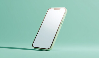 Modern smartphone featuring a blank white screen, a sleek gold trim, casting a shadow on a clean, minimalist green background.