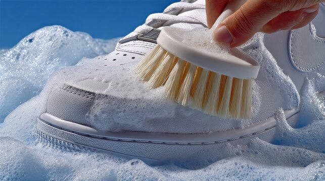 Close-up of white sneaker being cleaned with a soft brush in soapy foam on blue background, perfect for footwear care ads, hygiene visuals and shoe cleaning product promotions