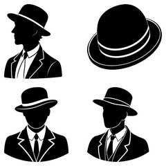 Silhouette illustrations of men in suits and hats in various styles and perspectives on white background