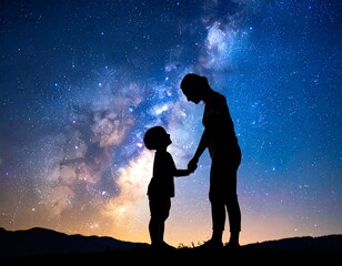 Mother and child silhouettes under starry sky