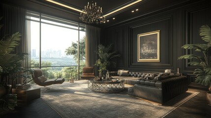 Fototapeta premium Luxurious dark interior living room with panoramic city view.