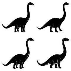 Four silhouette illustrations of long necked sauropod dinosaurs in various poses on a white background © Love