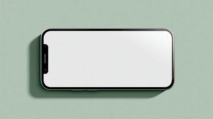 An empty modern smartphone with blank screen laid down with minimal shadow cast on a minimalist green background, perfect for application mockup and digital technology concept.