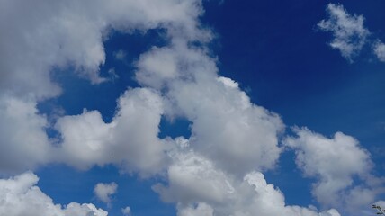  Bright blue sky filled with fluffy white clouds, creating a serene and expansive natural backdrop.