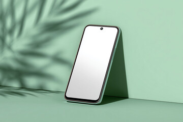 A sleek, modern smartphone leans against a soft-toned, minty wall. Shadow from a leaf drapes artistically across the wall and the phone, creating depth.
