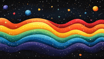 Colorful wavy layers resembling a rainbow against a starlit night sky, with floating planets and star shapes