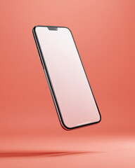 The modern smartphone with a clean, sleek design floats against a warm coral background, symbolizing modern technology and communication. 