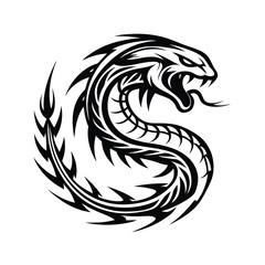 Snake Circular Silhouette Striking Black Pattern of Coiled Serpent with Open Mouth