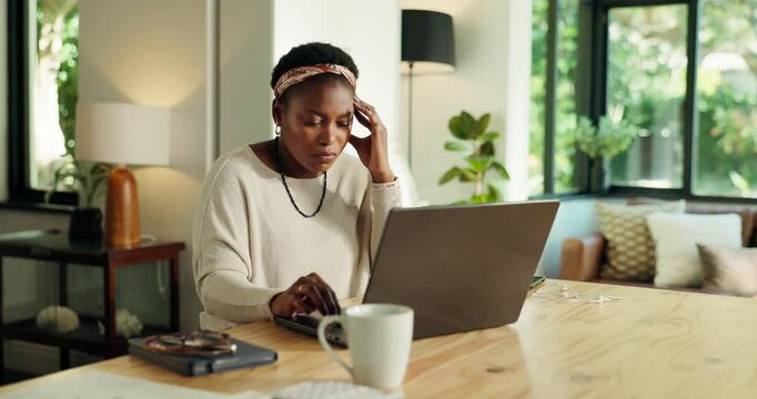 Worry, laptop and tired with black woman in home for insurance claim, security breach and fatigue. Liability policy, rejected application and pressure with person online for identity theft and stress