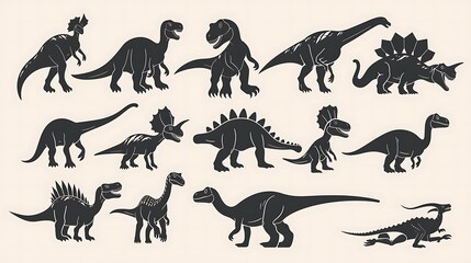 Silhouetted dinosaurs roam, isolated on white background, a prehistoric parade of diverse species