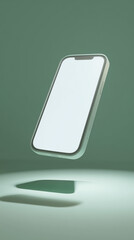 A modern, sleek smartphone floating in mid-air, showcasing its blank screen against a vibrant background, a clean design emphasizing technology.