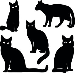 Black cat feline animal drawing silhouette element set