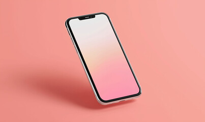 A minimalist capture showcases a sleek, modern smartphone suspended against a soft coral background, the screen glowing with a gradient of pastel hues.