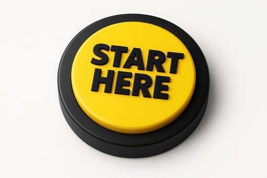 A yellow button with black text start here button on a white background encouraging a starting point