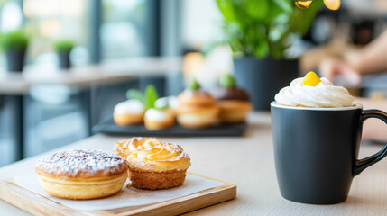 Cozy cafe with delicious pastries and warm beverage, creating welcoming atmosphere for relaxation and enjoyment