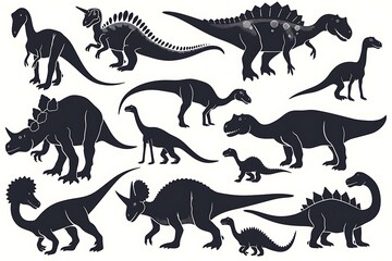 A collection of various dinosaur silhouettes isolated on white background, showcasing diverse species