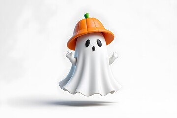 Cute halloween ghost wearing pumpkin hat floating on a bright white background