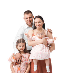 Happy parents and their kids on white background