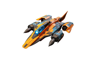 Naklejka premium Futuristic orange and blue spaceship design, detailed 3D render, isolated on transparent background. background removed