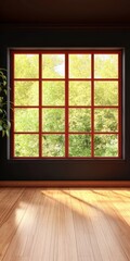 Obraz premium Tranquil Minimalist Room Featuring Dark Walls, Brown Framed Window, and Sunlit Hardwood Floor