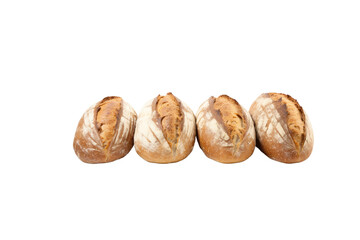 Four loaves of crusty artisan bread arranged in a row. background removed