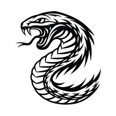 Black Silhouette of Cobra Snake Coiled & Striking with Tongue Out on Isolated White