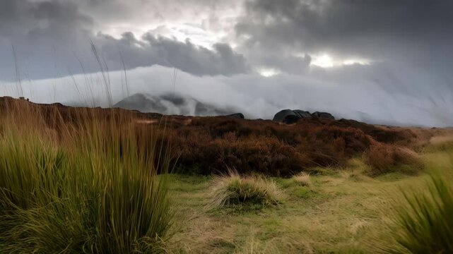 Cloudy weather over a heather landscape with rocks and distant hills, creating a dramatic, moody atmosphere