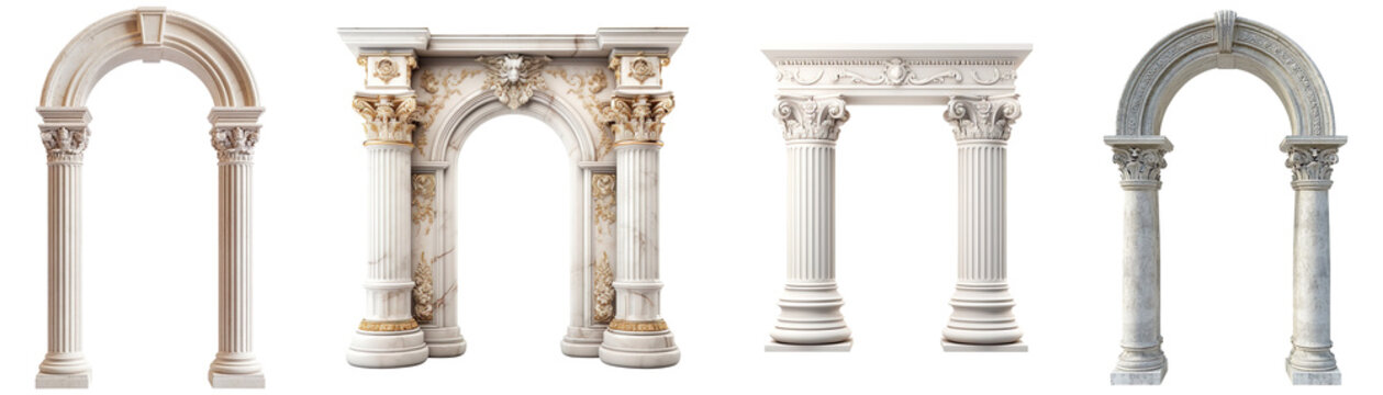 A collection of stately arch pillars isolated on a transparent background