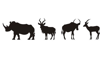 Silhouetted african wildlife featuring a rhino, hartebeest, wildebeest, and gazelle isolated on white background