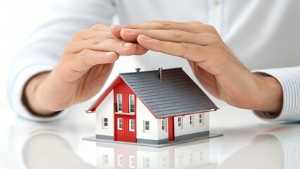 Red and white care in insurance3 house in hands